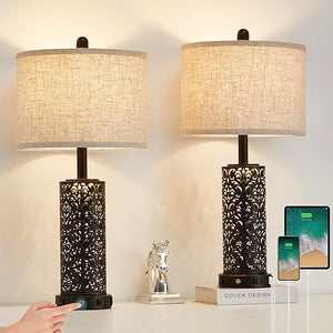 Farmhouse Touch Table Lamp with Nightlight, USB Ports & AC Outlet
