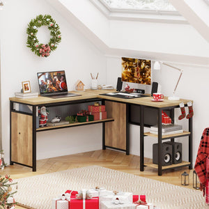 L-Shaped Computer Desk with Wood Shelves & Metal Legs, 59 Inch