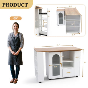 Swivel Kitchen Island with Storage, Drawers & Shelves