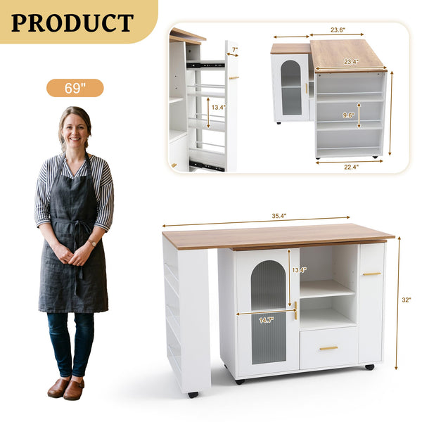 Swivel Kitchen Island with Storage, Drawers & Shelves
