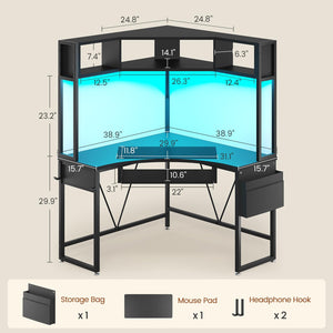 Corner Desk with LED Lights, Keyboard Tray & Storage