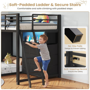 Twin Over Twin L-Shaped Low Bunk Bed with Storage & LED Lights