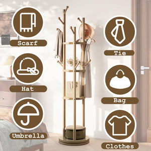 Freestanding Rotating Wood Coat Rack with Shelves and Hooks