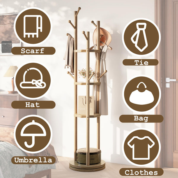Freestanding Rotating Wood Coat Rack with Shelves and Hooks