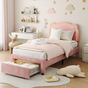 Twin Upholstered LED Bed Frame with Bear Headboard & Storage Drawer