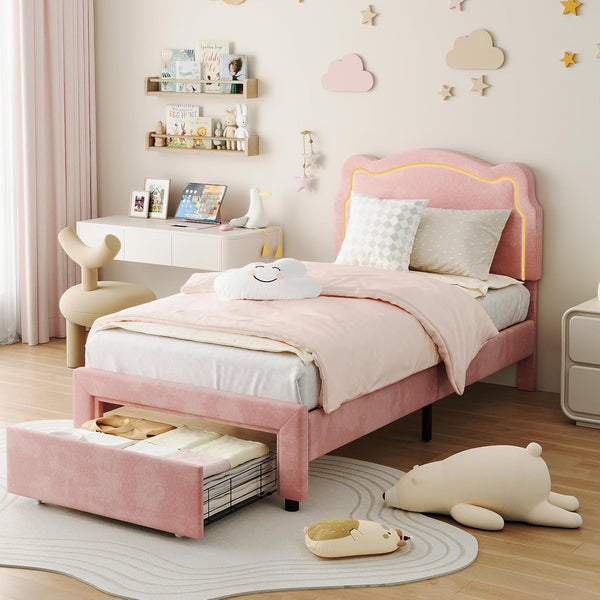 Twin Upholstered LED Bed Frame with Bear Headboard & Storage Drawer