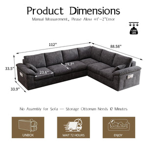 112" Modular Cloud Sectional Sofa, 6-Seater Chenille, Storage Ottoman