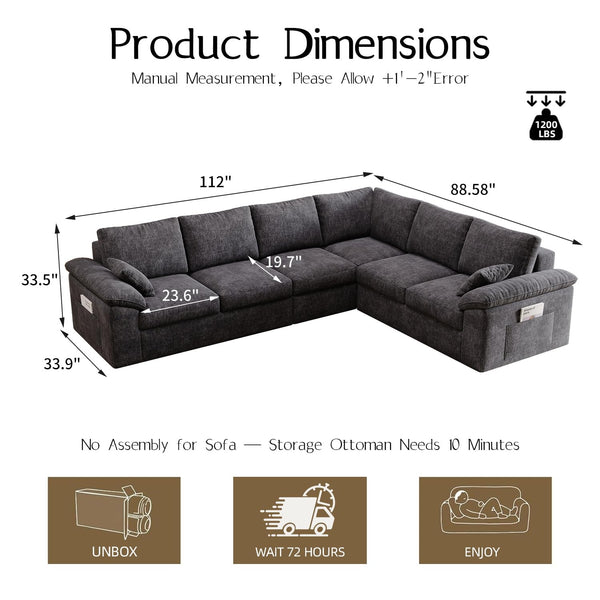 112" Modular Cloud Sectional Sofa, 6-Seater Chenille, Storage Ottoman