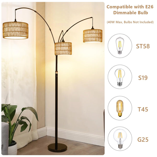 3-Light Dimmable Arc Floor Lamp with Rattan & Fabric Shades