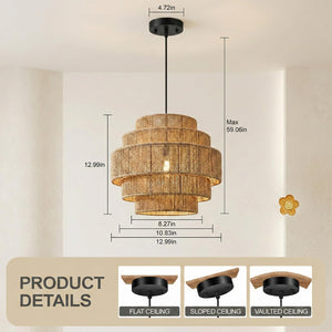 5-Tier Handwoven Rattan Pendant Chandelier 13" Boho Ceiling Light