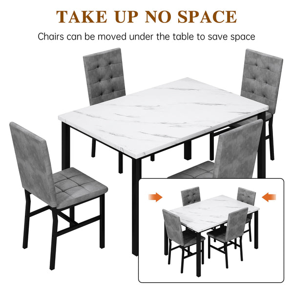 Faux Marble Dining Table Set for 4 with Velvet Chairs