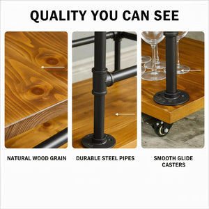 Industrial Pipe Bar Cart with Shelves and Wheels