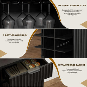 Fluted Coffee Bar Cabinet with Glass Holder & Wine Rack – Black