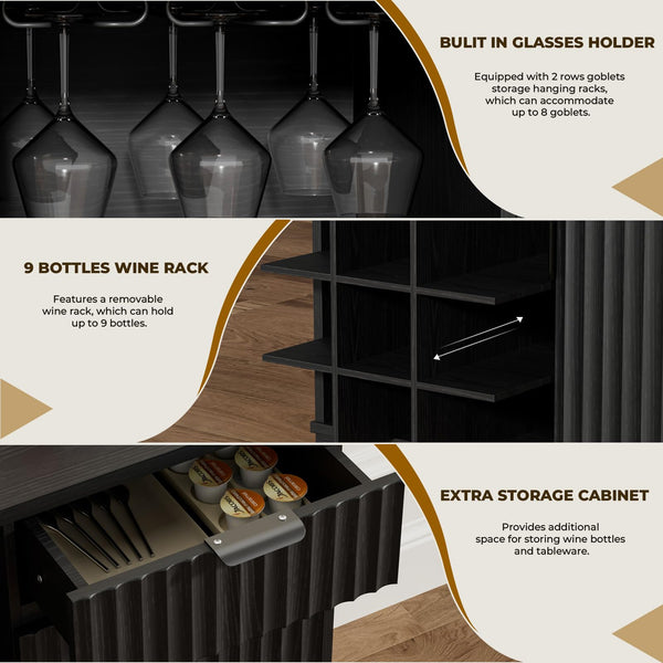 Fluted Coffee Bar Cabinet with Glass Holder & Wine Rack – Black