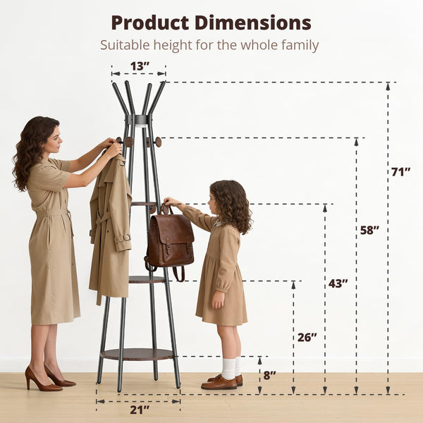 Freestanding Coat Rack with Motion Sensor Light, 3 Shelves & 12 Hooks