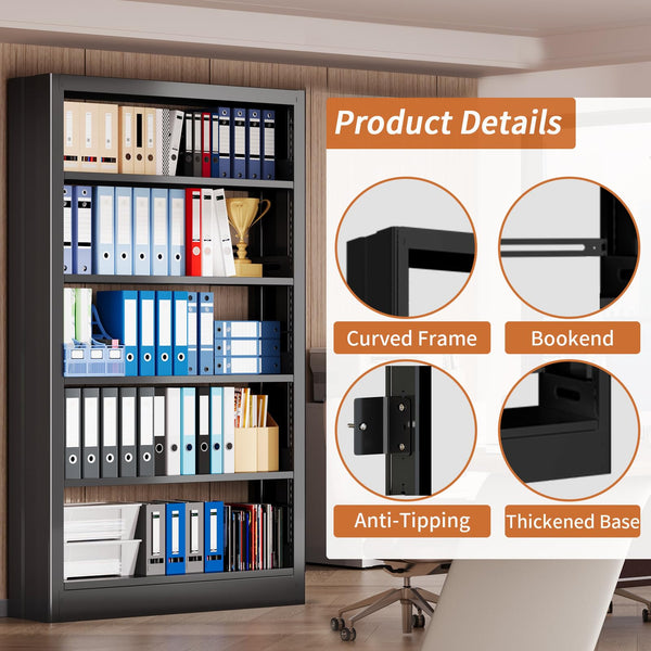 5-Tier Metal Bookshelf with Adjustable Shelves