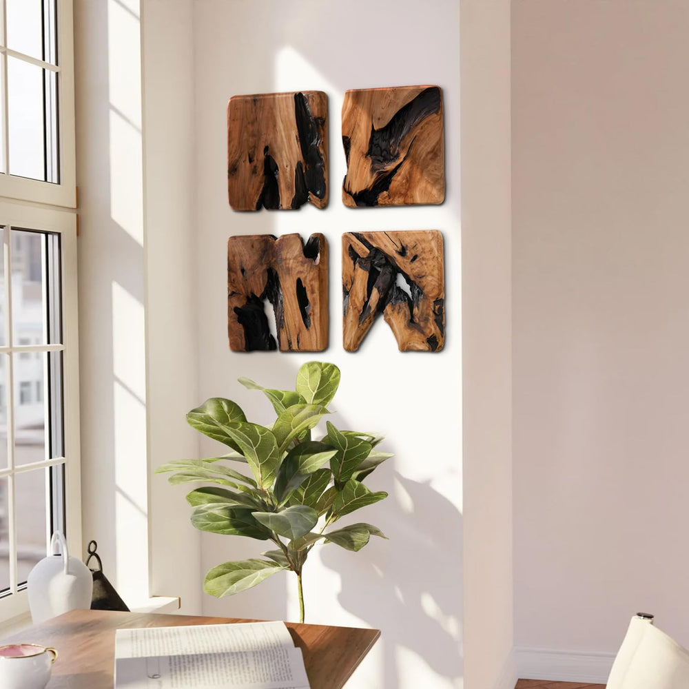 Handmade Cedar Wood Wall Sculptures Set of 4 – Rustic Abstract Wall Decor