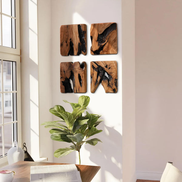 Handmade Cedar Wood Wall Sculptures Set of 4 – Rustic Abstract Wall Decor