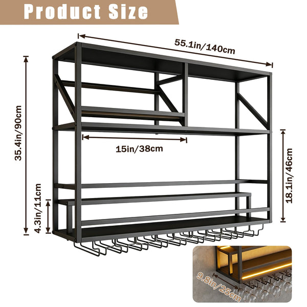 Wall Mounted Bar Shelf with LED & Wine Glass Rack
