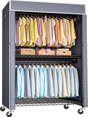 Rolling Clothes Rack with Dustproof Cover & Wire Shelves