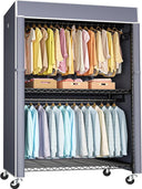 Covered Rolling Clothes Rack with Shelves & Hanger Rods