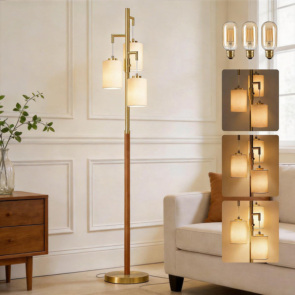 Dimmable Wood Floor Lamp with 3 Bulbs