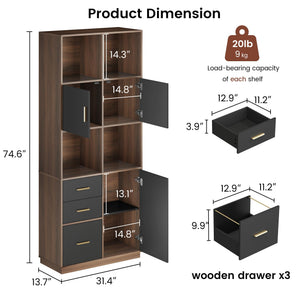 Tall Bookcase with Drawers, Doors & Open Shelves