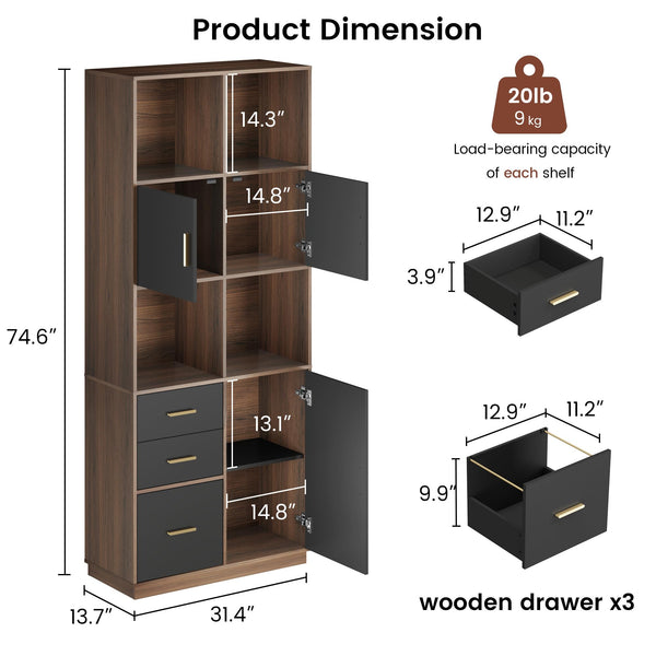 Tall Bookcase with Drawers, Doors & Open Shelves