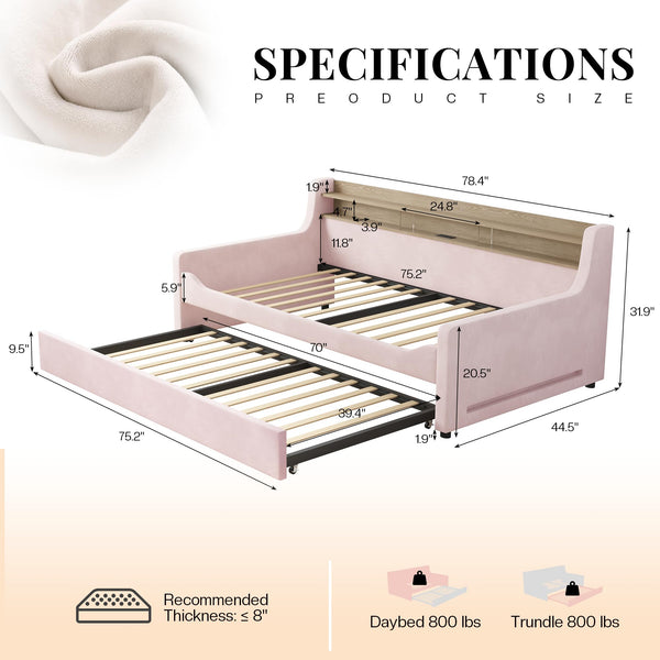 Twin Upholstered Daybed with Trundle, LED Light & Storage Headboard
