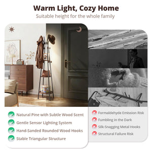 Freestanding Coat Rack with Motion Sensor Light, 3 Shelves & 12 Hooks