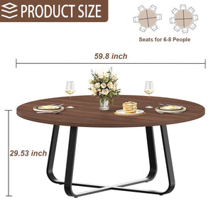 LVB 60-Inch Round Dining Table, Modern Wood Metal Kitchen Tables, Industrial Large Dinner Room Table for 6 to 8, Circle Dining Room Tables for Home Kitchen Living Room, Walnut