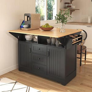 Rolling Kitchen Island with Drop Leaf Countertop & Power Outlets