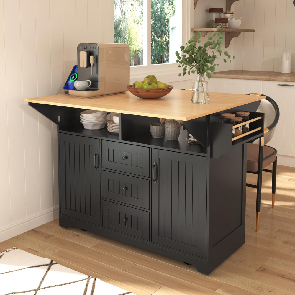 Rolling Kitchen Island with Drop Leaf Countertop & Power Outlets