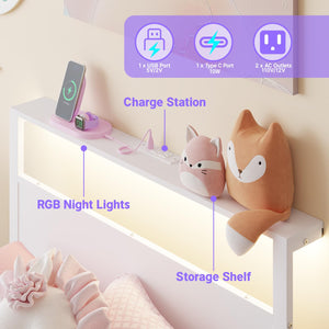 Twin Bed Frame with Headboard Shelf, RGB LED Light & Charging Station