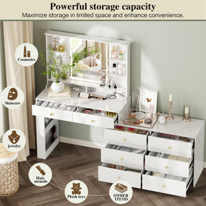 Makeup Vanity Desk with Mirror, Lights & 8 Drawers