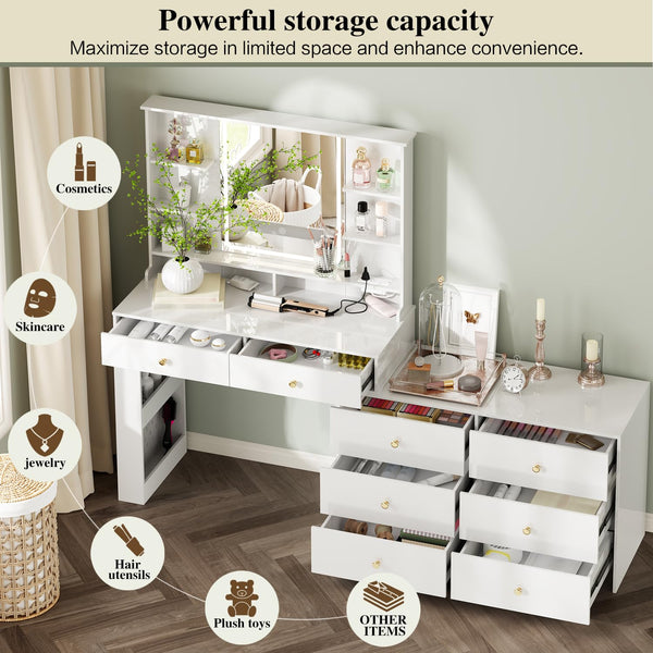 Makeup Vanity Desk with Mirror, Lights & 8 Drawers