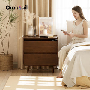 Walnut Nightstand with Charging Station & Drawers