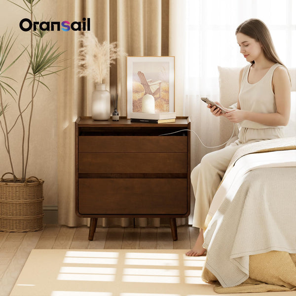 Walnut Nightstand with Charging Station & Drawers
