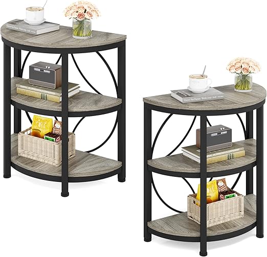 Half Round End Table with 3-Tier Shelves – Set of 2