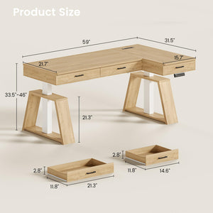 59" L-Shaped Electric Standing Desk with Drawers & Power Outlets