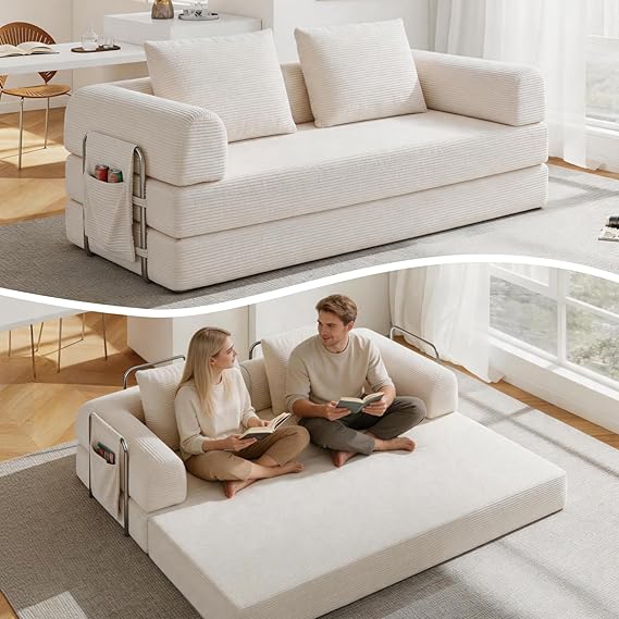 Convertible Sofa Bed with Side Pocket & Corduroy Fabric