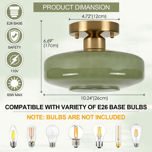 Semi Flush Mount Ceiling Light – Olive Green Milk Glass Shade