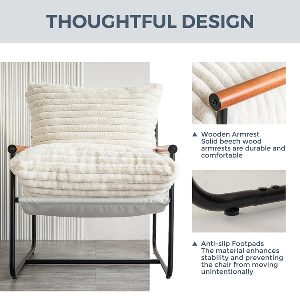 Fluffy Accent Chair with Wooden Arms & Metal Frame