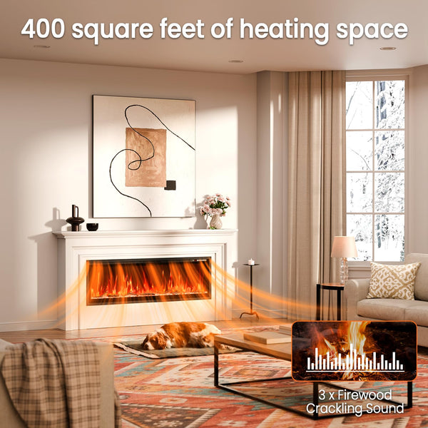 60" Smart Electric Fireplace – Wall Mount or Recessed, App & Voice Control