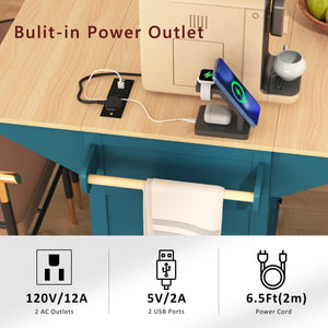 Kitchen Island Cart with Drop Leaf & Power Outlets