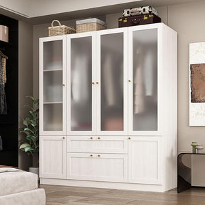 Wide Wardrobe Armoire with Frosted Glass Doors, Hanging Rods & Drawers