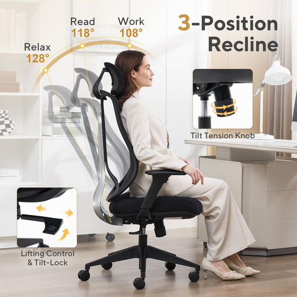 Ergonomic Mesh Office Chair with Adjustable Backrest & Headrest