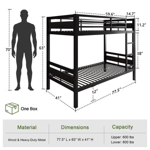 Twin Over Twin Metal Bunk Bed with Ladder and High Guardrail