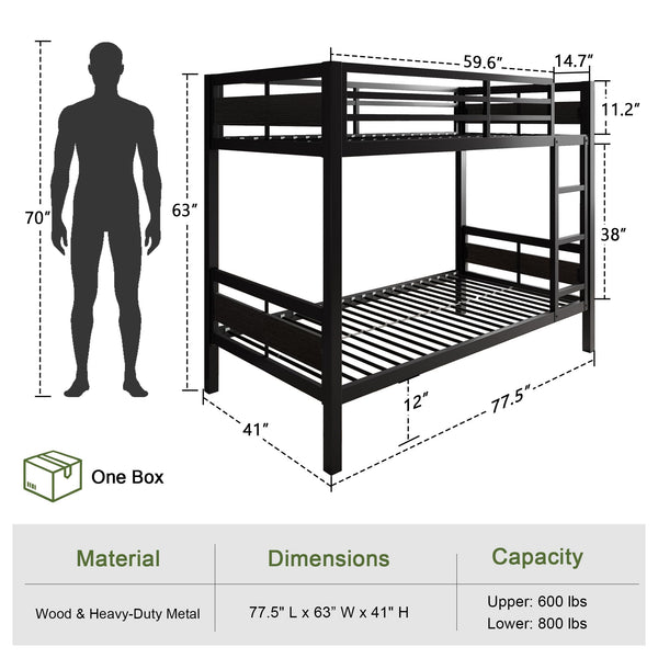 Twin Over Twin Metal Bunk Bed with Ladder and High Guardrail