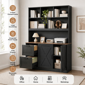 72" Tall Bookshelf with Power Outlet & File Cabinet